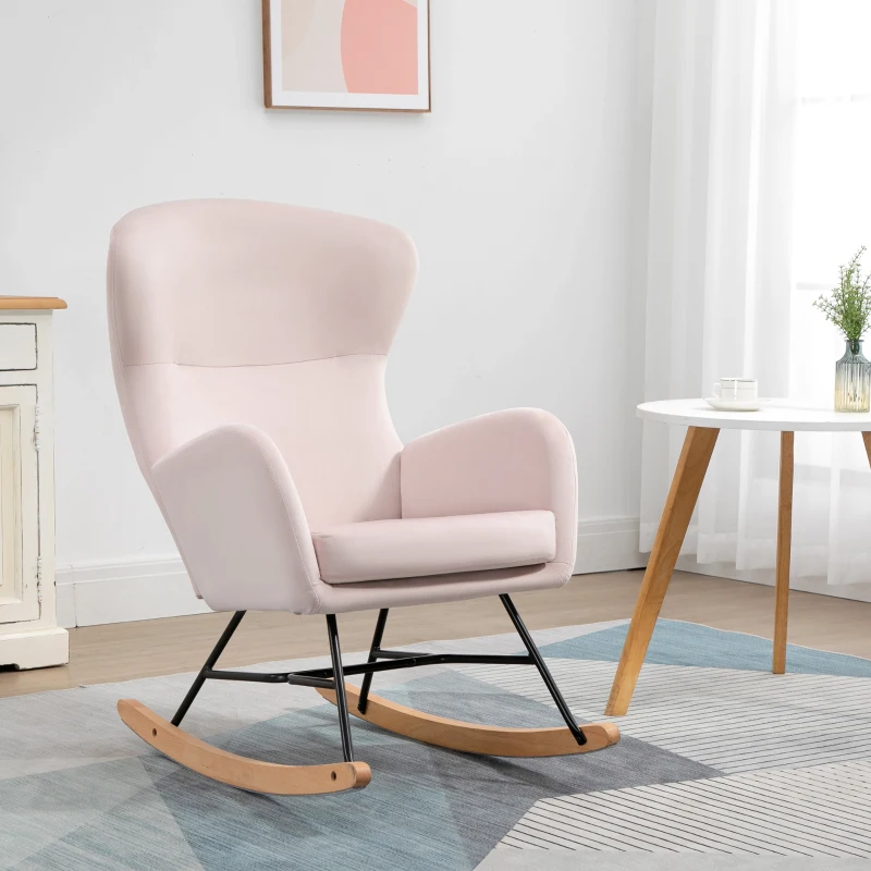 HOMCOM Poltrona Baloiço Estofada em Veludo com Assento Acolchoado Apoio para os Braços e Pés de Madeira de Faia 65x87x102cm Rosa