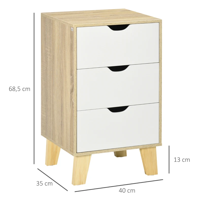 HOMCOM Mesa de Cabeceira com 3 Gavetas para Dormitório Sala de Estar Estilo Moderno Anti-Tombo 40x35x68,5cm Madeira e Branco