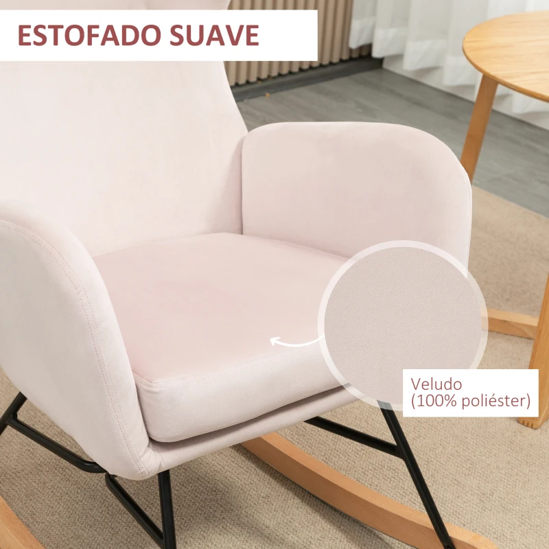 HOMCOM Poltrona Baloiço Estofada em Veludo com Assento Acolchoado Apoio para os Braços e Pés de Madeira de Faia 65x87x102cm Rosa