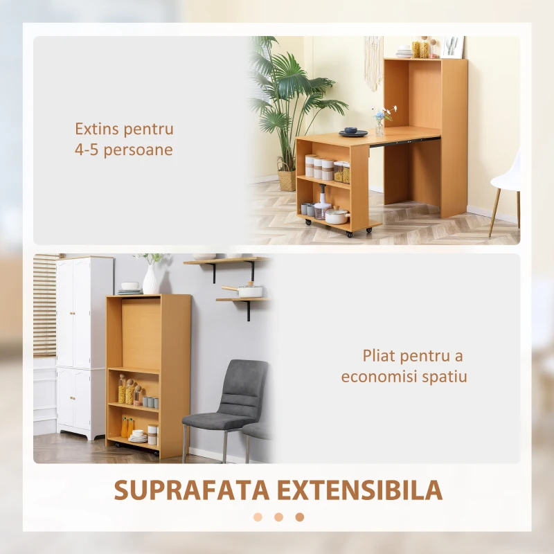HOMCOM Masa de sufragerie pliabila moderna, bufet extensibil pentru spatii mici, locuri pana la 3 persoane, natural