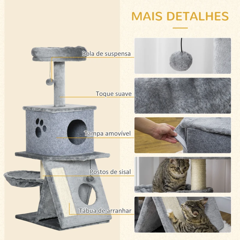 PawHut Árvore Arranhador para Gatos Altura com Cama Caverna Rede Bola Suspensa Postes e Rampa de Sisal 50x40x111cm Cinza