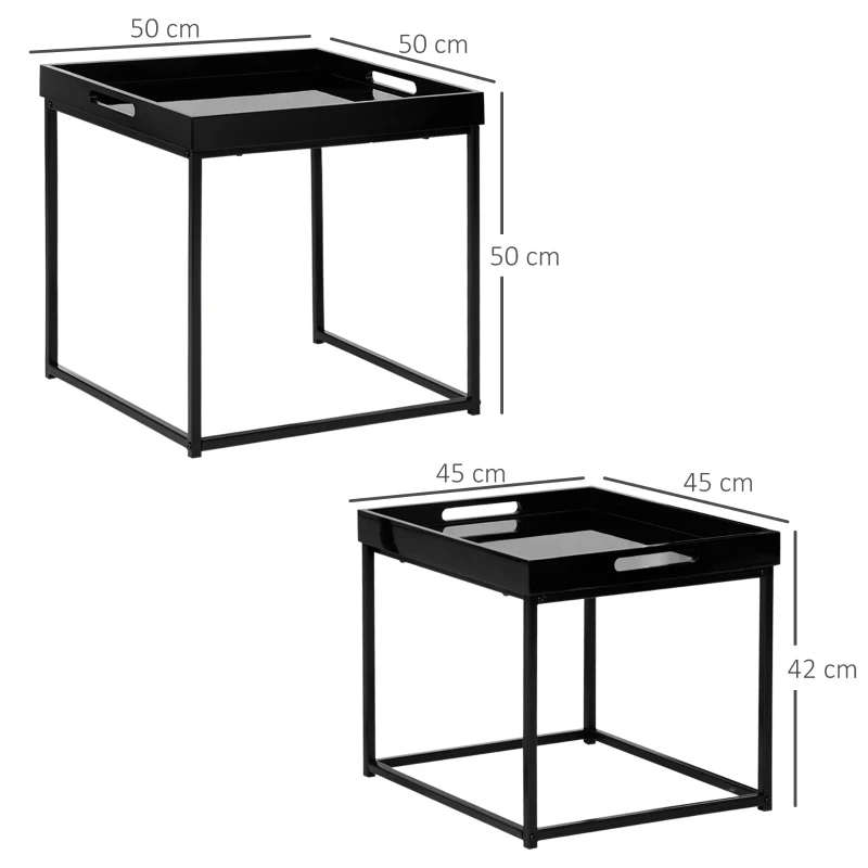 HOMCOM Set de 2 masute moderne, mese stivuibile patrate cu cadru de otel si efect lucios pentru sufragerie, negru