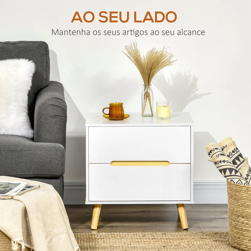 HOMCOM Mesa de Cabeceira com 2 Gavetas e Pés de Madeira Mesa de Cabeceira para Dormitório Estilo Moderno 50x40x50,5cm Branco