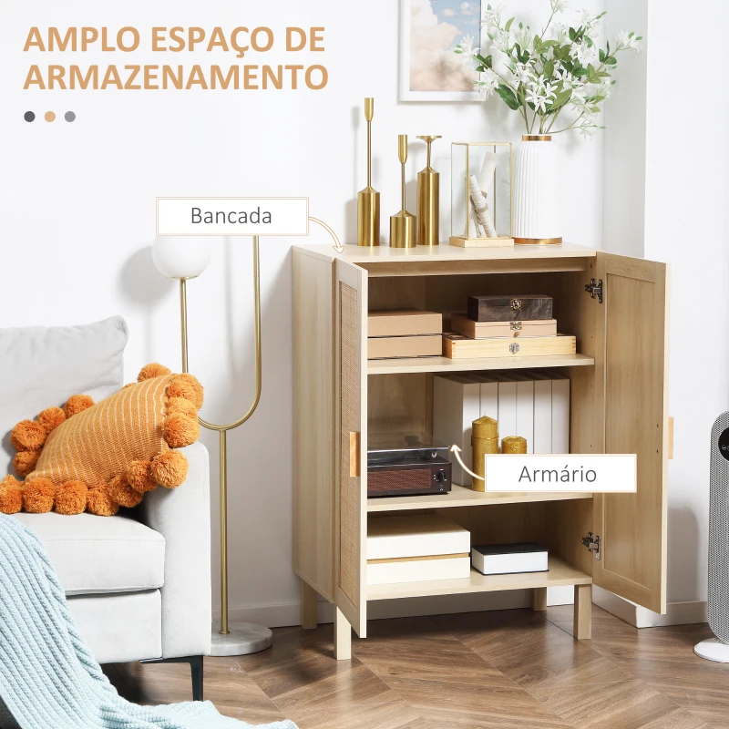 HOMCOM Aparador com 2 Portas de Rede e Prateleiras Ajustáveis Armário Estilo Cannage Anti-Tombo 73x41x102cm Madeira