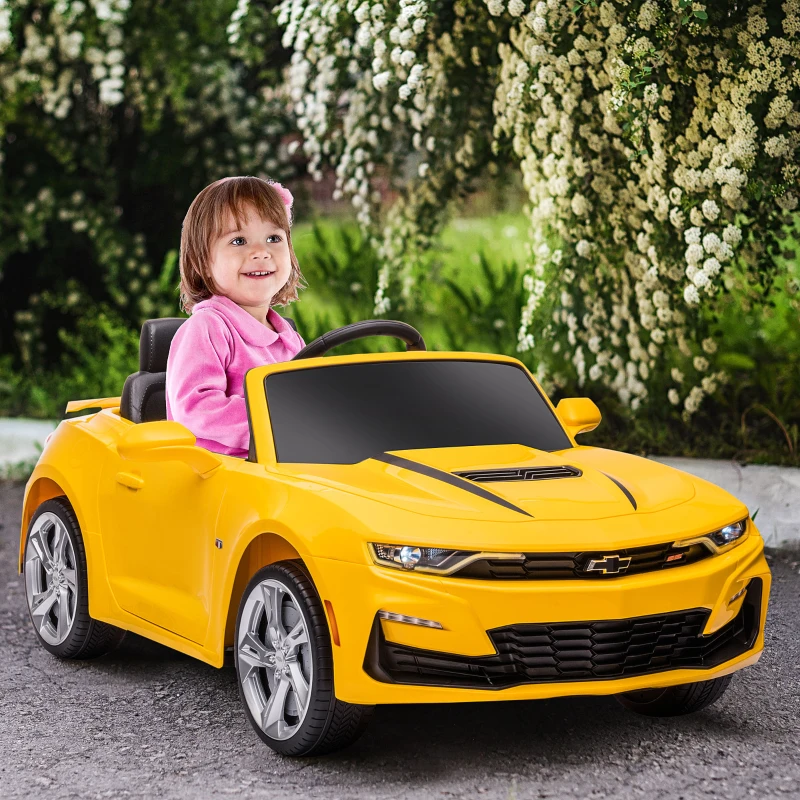 HOMCOM  Masina Chevy Camaro cu licenta 12V, alimentata cu baterii, telecomanda pentru parinti, masina electrica pentru copii cu suspensie cu arc, motor dublu, claxon, muzica, faruri, stopuri, galben