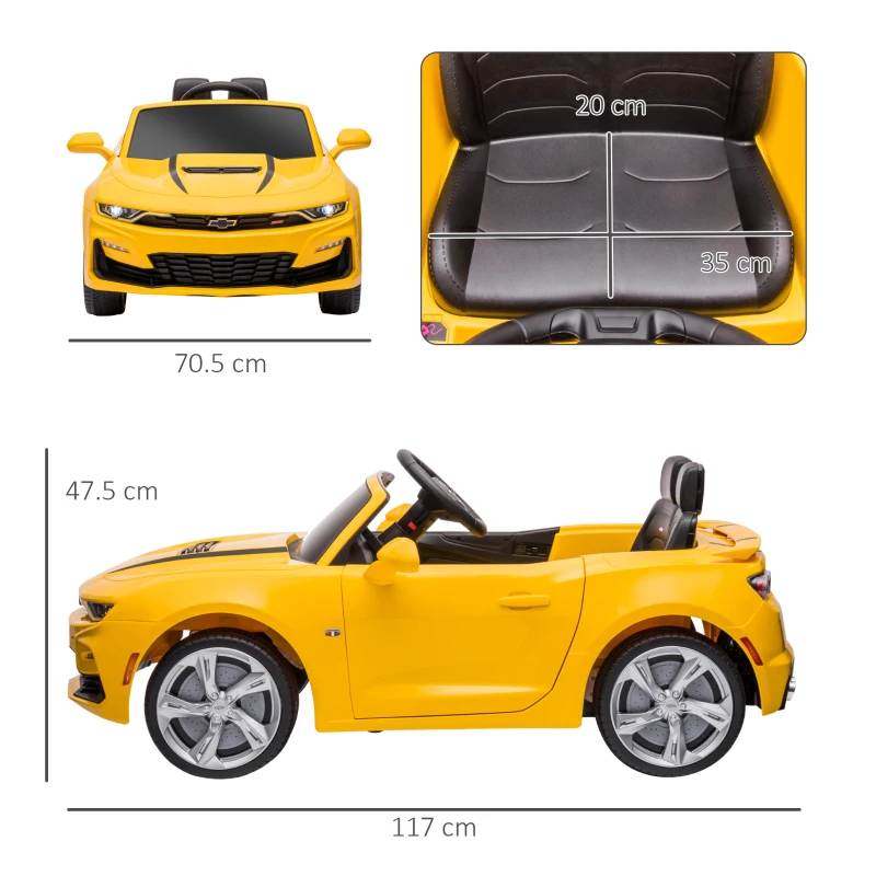 HOMCOM  Masina Chevy Camaro cu licenta 12V, alimentata cu baterii, telecomanda pentru parinti, masina electrica pentru copii cu suspensie cu arc, motor dublu, claxon, muzica, faruri, stopuri, galben