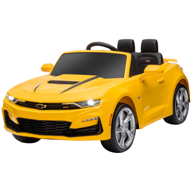 HOMCOM  Masina Chevy Camaro cu licenta 12V, alimentata cu baterii, telecomanda pentru parinti, masina electrica pentru copii cu suspensie cu arc, motor dublu, claxon, muzica, faruri, stopuri, galben