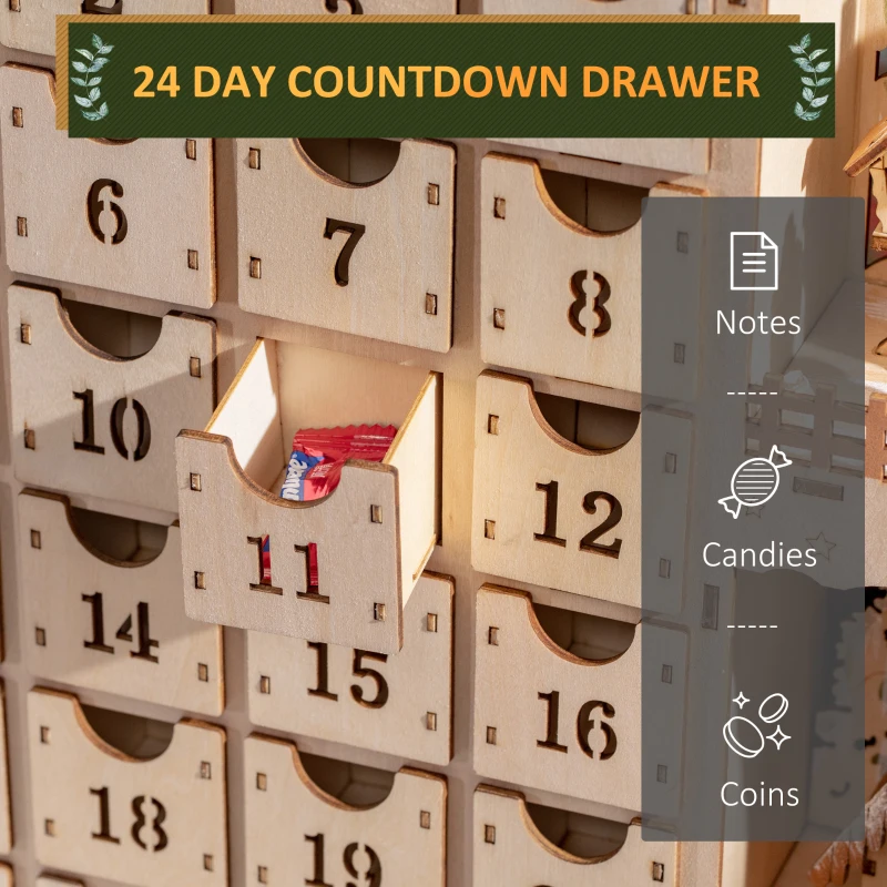 HOMCOM Calendar Advent de Craciun din lemn, cu lumini LED, pentru copii si adulti, natural