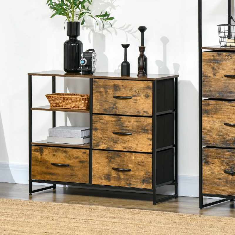 HOMCOM Dulap de depozitare stil industrial, 4 sertare din material textil cu 2 rafturi deschise pentru dormitor living, maro rustic