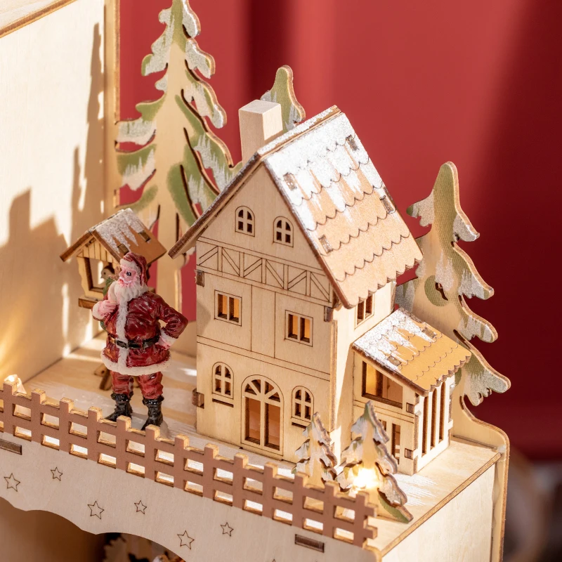 HOMCOM Calendar Advent de Craciun din lemn, cu lumini LED, pentru copii si adulti, natural