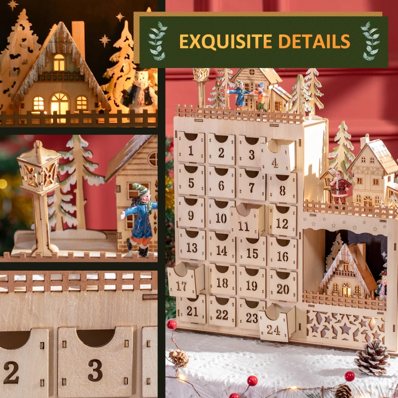 HOMCOM Calendar Advent de Craciun din lemn, cu lumini LED, pentru copii si adulti, natural