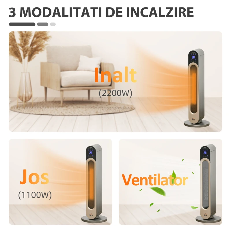 HOMCOM Incalzitor electric oscilant cu 3 moduri de incalzire cu temperatura reglabila si telecomanda, din ABS, Φ25x73,5 cm, argintiu