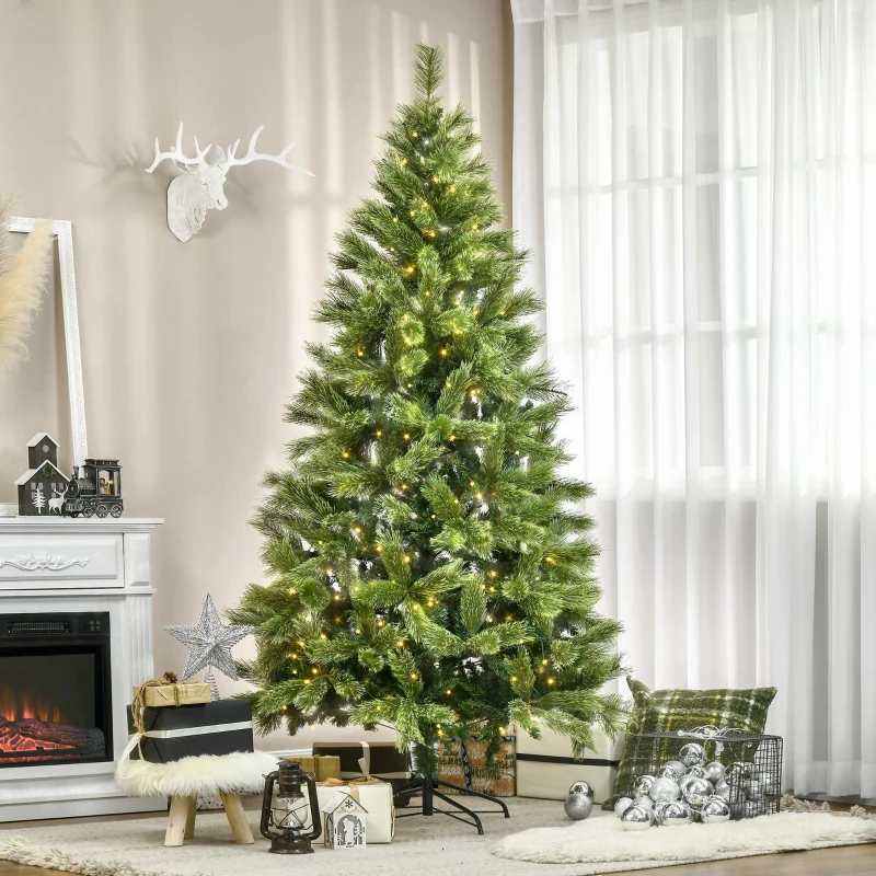 HOMCOM Pom de Craciun artificial cu ramuri realiste, 908 de varfuri si 350 de lumini LED albe calde, decor de Craciun, verde