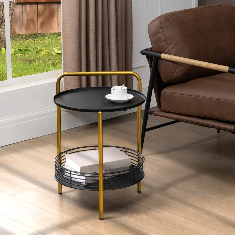 HOMCOM Stolik 2 w 1 w Stylu Industrialnym, Taca Serwująca + Stolik Pomocniczy, 1 Półka, Stal, Złoto + Czarny