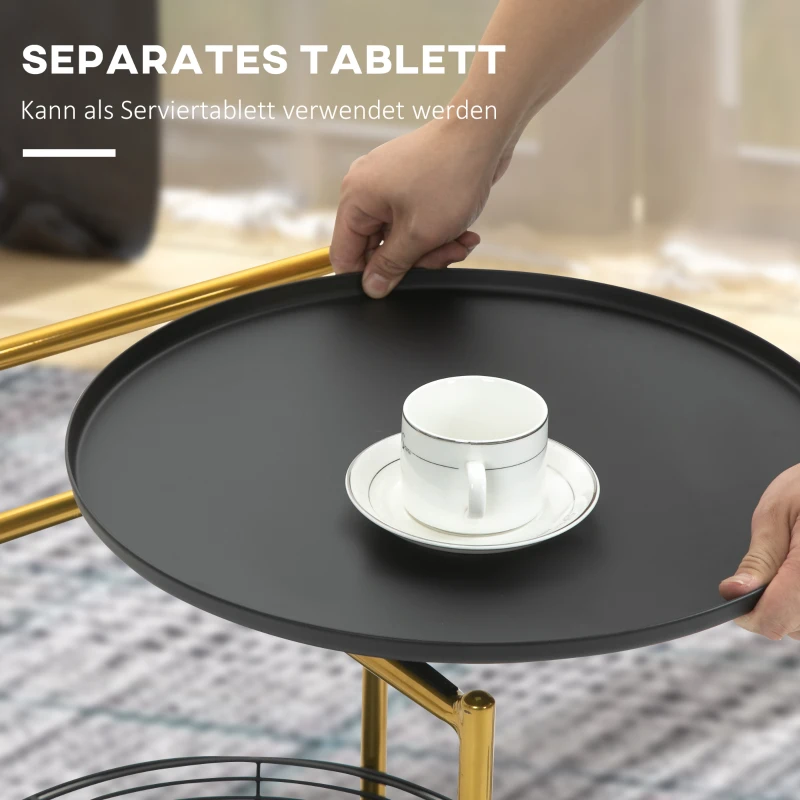 HOMCOM Stolik 2 w 1 w Stylu Industrialnym, Taca Serwująca + Stolik Pomocniczy, 1 Półka, Stal, Złoto + Czarny