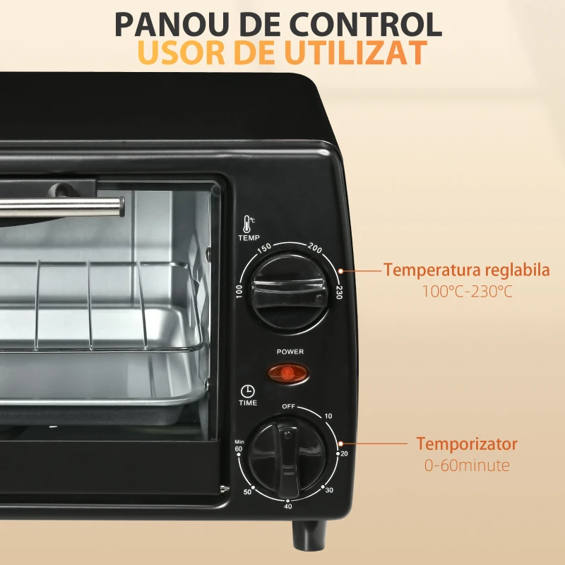 HOMCOM Cuptor electric 10L temperatura reglabila si temporizator, grila si tava incluse, 750 W, 36,5x26x22cm, negru