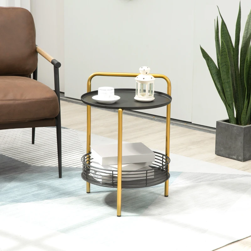 HOMCOM Stolik 2 w 1 w Stylu Industrialnym, Taca Serwująca + Stolik Pomocniczy, 1 Półka, Stal, Złoto + Czarny