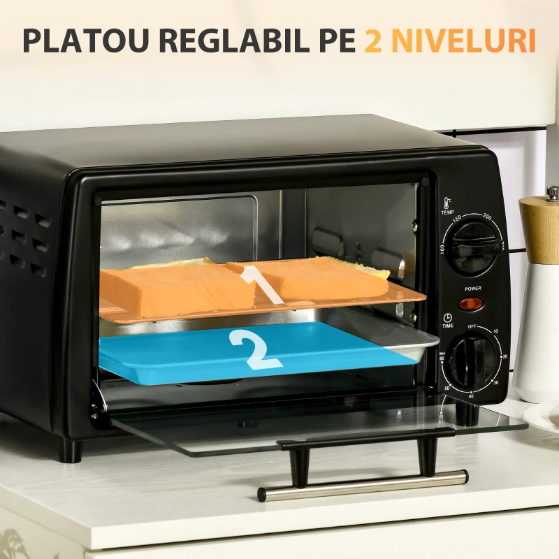 HOMCOM Cuptor electric 10L temperatura reglabila si temporizator, grila si tava incluse, 750 W, 36,5x26x22cm, negru