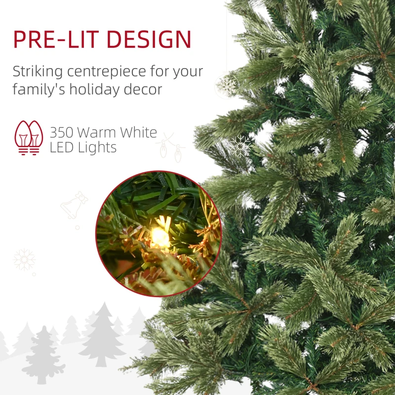 HOMCOM Pom de Craciun artificial cu ramuri realiste, 908 de varfuri si 350 de lumini LED albe calde, decor de Craciun, verde