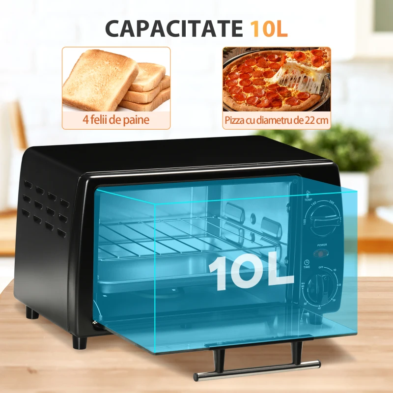 HOMCOM Cuptor electric 10L temperatura reglabila si temporizator, grila si tava incluse, 750 W, 36,5x26x22cm, negru
