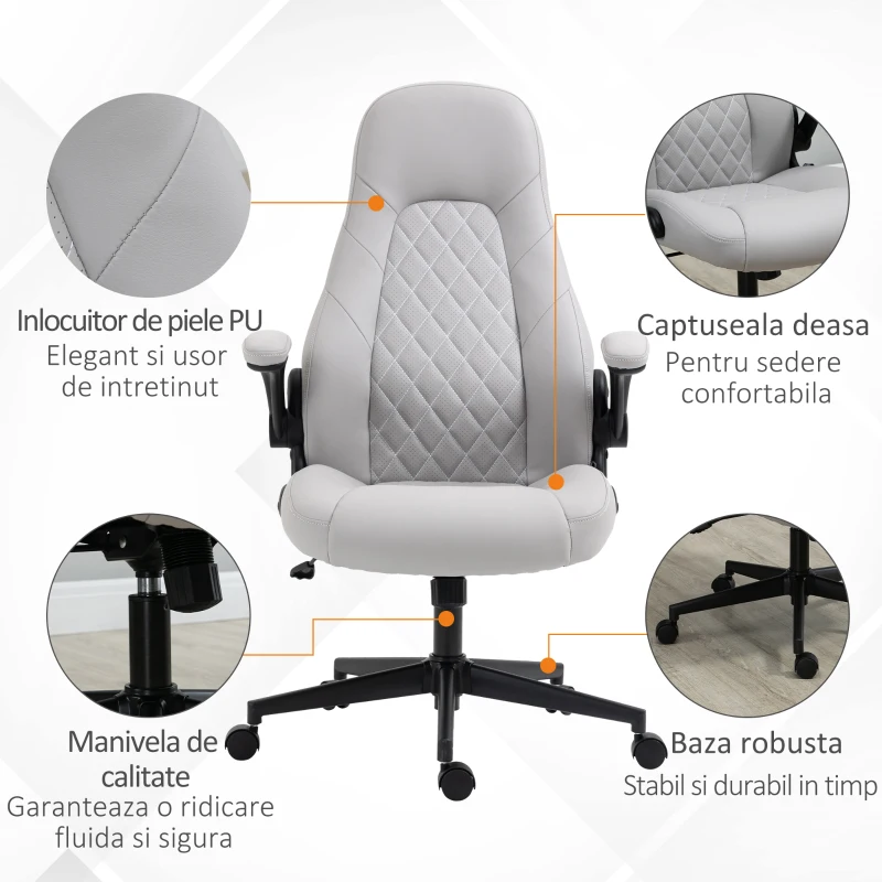 Vinsetto Scaun de birou din piele PU, reglabil pe inaltime, functie de inclinare, roti pivotante, gri deschis, 67 x 70 x 112-122 cm