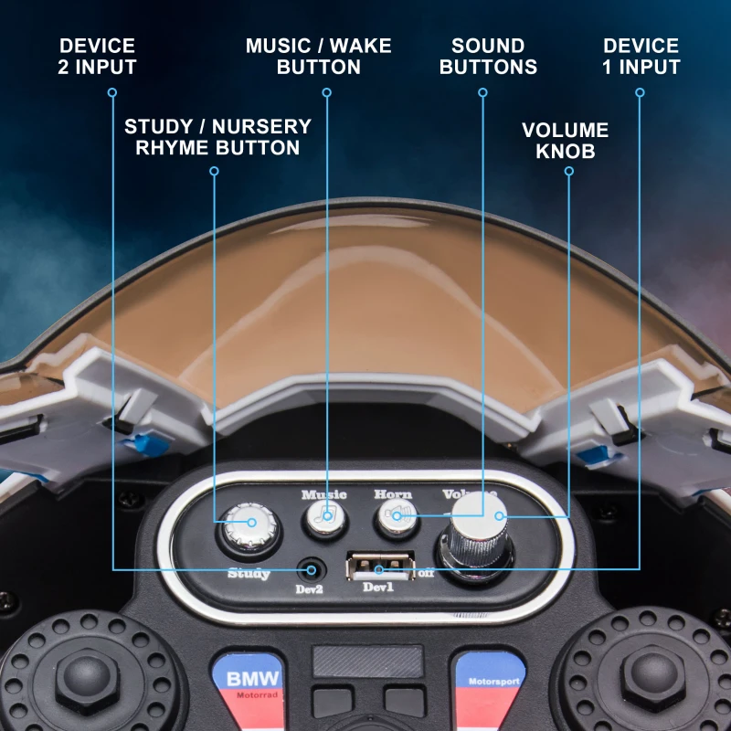 HOMCOM Motocicleta electrica pentru copii BMW HP4 cu licenta cu 3 roti 6V Motocicleta alimentata cu baterii cu muzica pentru fete baieti 18 - 60 luni, rosu