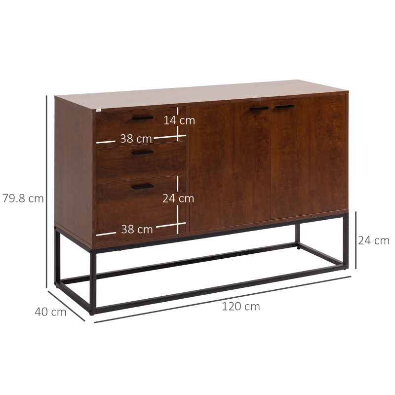 HOMCOM Dulap tip bufet rustic, dulap de bucatarie cu usi, 3 sertare si rafturi reglabile pentru living, sufragerie, maro