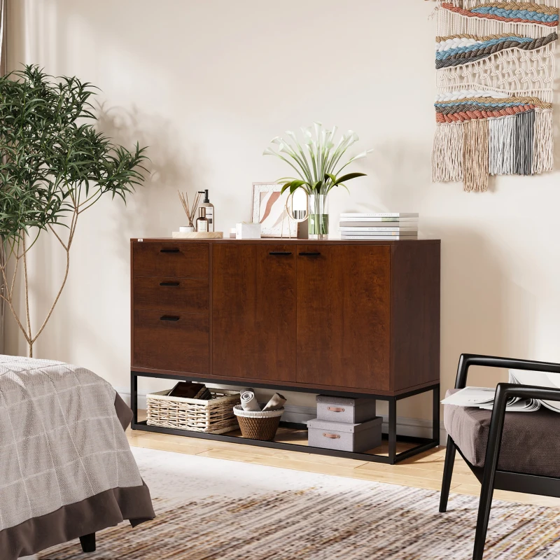 HOMCOM Dulap tip bufet rustic, dulap de bucatarie cu usi, 3 sertare si rafturi reglabile pentru living, sufragerie, maro