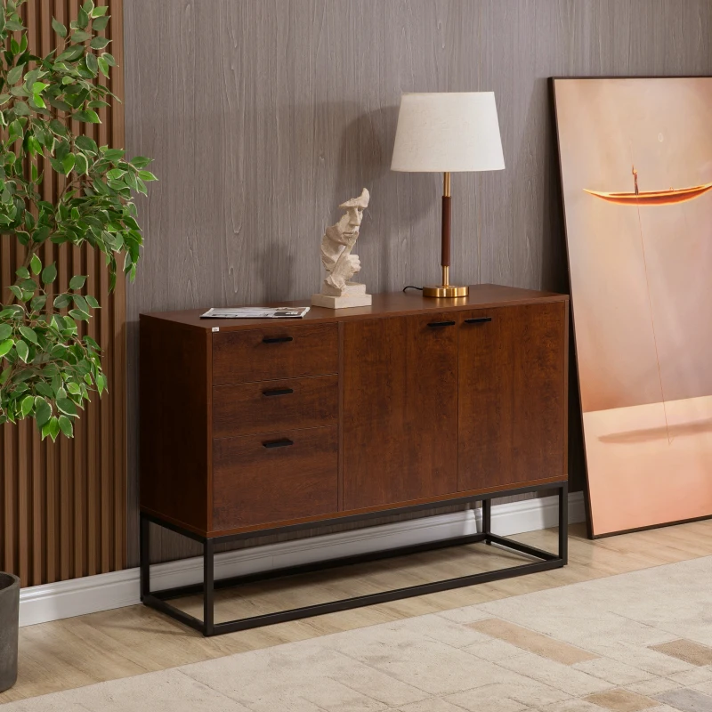 HOMCOM Dulap tip bufet rustic, dulap de bucatarie cu usi, 3 sertare si rafturi reglabile pentru living, sufragerie, maro