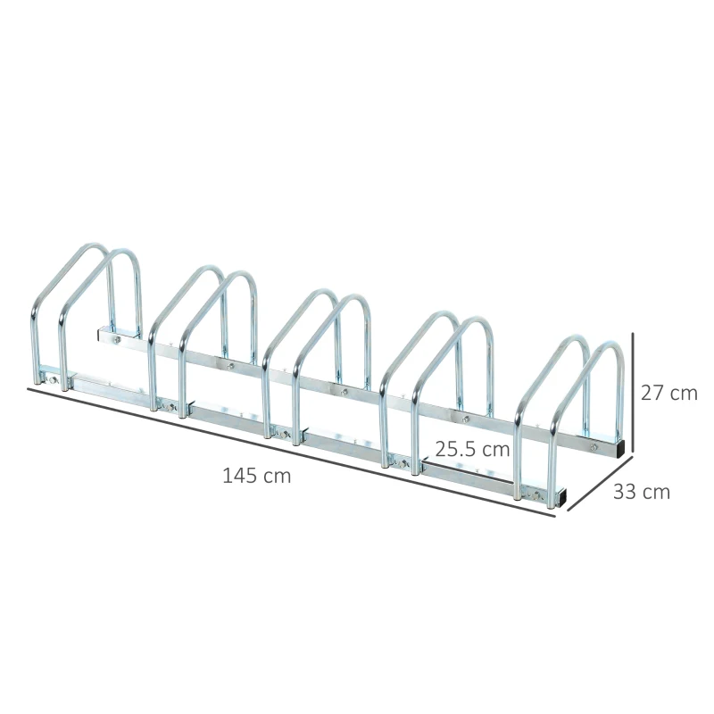 HOMCOM Suport de parcare pentru biciclete pentru 5 biciclete din otel, 145 × 33 × 27 cm, argintiu