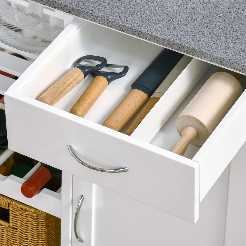 HOMCOM Carrinho de Cozinha com Rodas 1 Gaveta Prateleiras Suporte para 4 Garrafas e Armário Carga 40kg 76x48x88cm Branco e Cinza