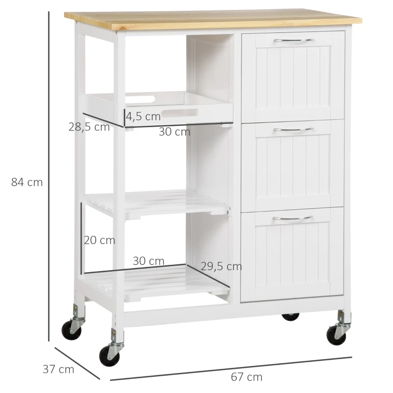 HOMCOM Carrinho de Cozinha com Rodas Carrinho de Serviço com 3 Gavetas 3 Prateleiras Abertas e Bandeja Removível para Sala de Jantar Carga Máxima 40kg 67x37x84cm Branco
