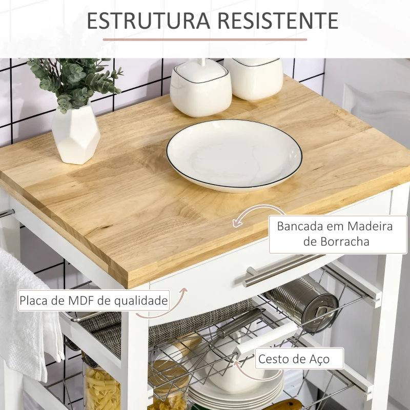 HOMCOM Carrinho de Cozinha com Rodas 1 Gaveta 2 Cestas Removíveis Prateleira Inferior Pendurar Carga 22,7kg 63x40x86cm Branco