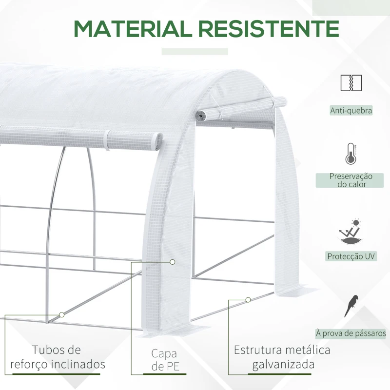 Outsunny Estufa Tipo Túnel de Jardim 6x3x2m com Porta Enrolável 12 Janelas Cobertura de PE 140g/m² e Metal Galvanizado para Cultivos de Plantas Verduras Branco