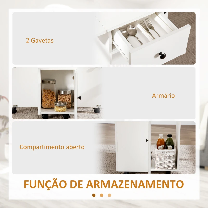 HOMCOM Mesa de Jantar Dobrável com Rodas Mesa Abatível com 2 Gavetas e Armário Mesa Auxiliar Multifuncional 120x60x76,5cm Branco