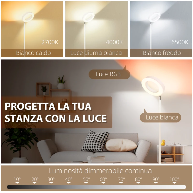 HOMCOM Lampada da Terra compatibile con Alexa e Google Home, con Luce RGB, in Acciaio, Φ25x168 cm, Bianca
