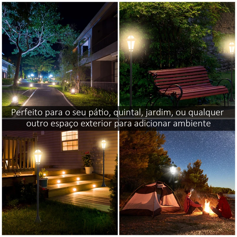 Outsunny Conjunto de Candeeiros Solares de Jardim com Luzes LED Branca 3500K Impermeável IP44 Sensor de Noite 2 Candeeiros de Exterior para Terraço Pátio 18,5x18,5x129cm Preto