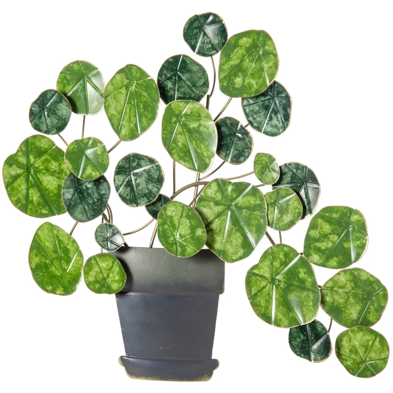 HOMCOM Decoración de Pared de Metal 3D de Planta con Maceta Adorno de Pared Metálico para Salón 46x38 cm Verde y Negro