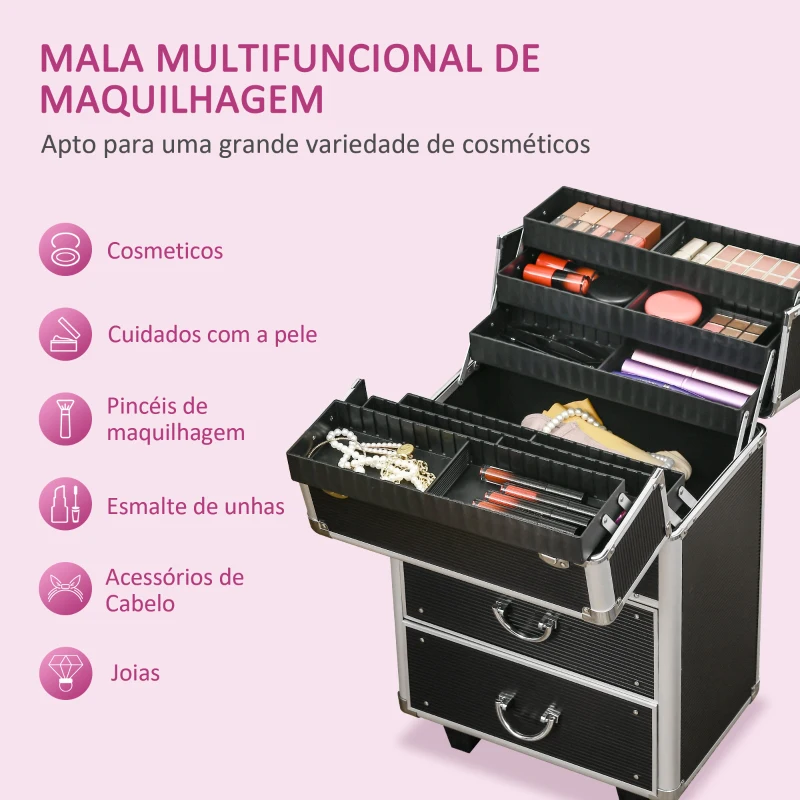 HOMCOM Mala de Maquilhagem Professional com Rodas 6 Gavetas Extensíveis Fechadura 2 Chaves e Alça Retrátil 36x23x58cm Preto