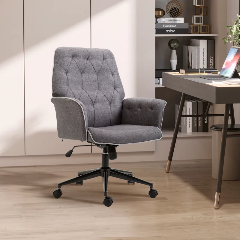 HOMCOM Linen Office Chair, Mid Back Computer Desk Chair with Adjustable Height, Grey