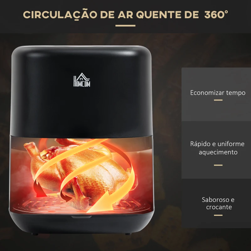 HOMCOM Fritadeira sem Óleo 3L Fritadeira de Ar Quente 1300W com 12 Programas Tela LED Tátil Temporizador Temperatura Ajustável e Cesta Antiaderente 29,5x23,8x30,3cm Preto