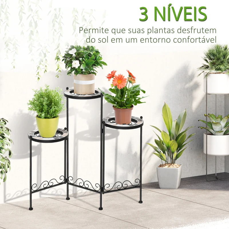 Outsunny Suporte de Metal para Plantas Dobrável Suporte para Flores com 3 Prateleiras com Bordas de Azulejo para Decoração de Interiores e Exteriores 60x22x65cm Preto