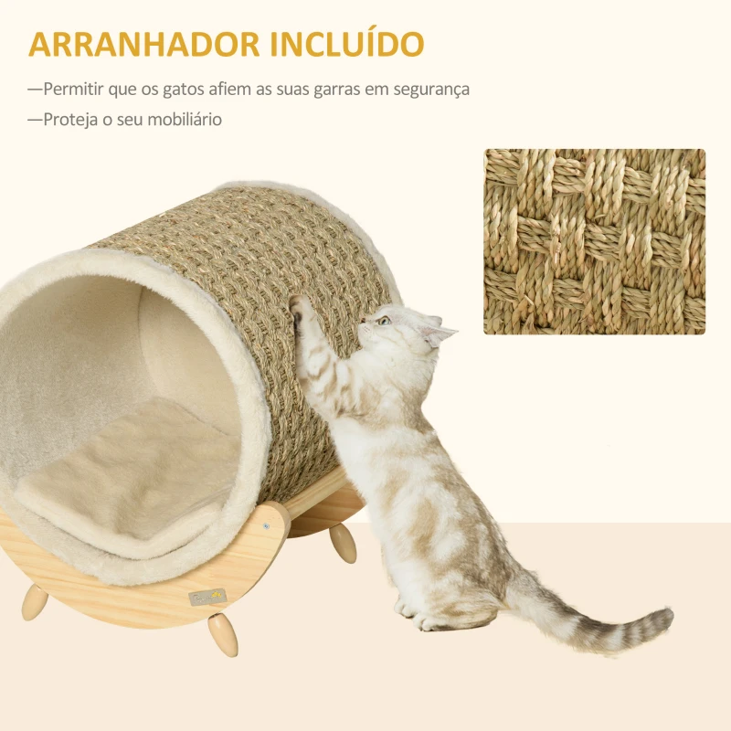 PawHut Cama Elevada para Gatos Caverna para Gatos Tipo Barril com Superfície para Arranhar e Almofada 41x38x43cm Madeira