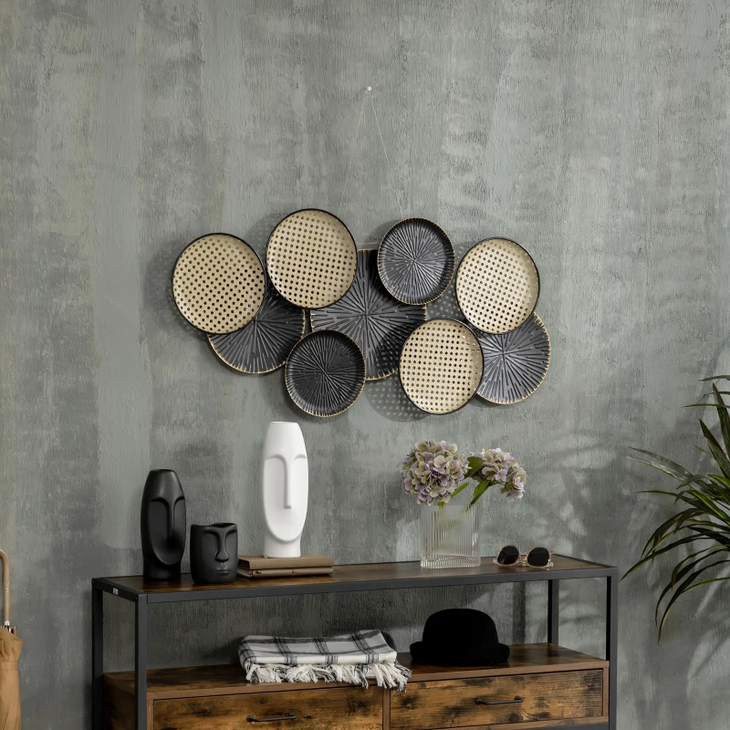 HOMCOM Decoración de Pared de Metal 3D Diseño de Círculos Adorno de Pared Metálico para Salón 100x48 cm Negro y Marrón