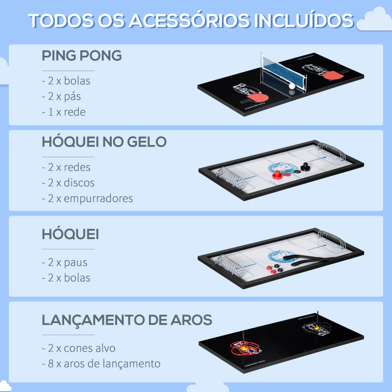 HOMCOM Mesa de Jogos 6 em 1 com Rodas Bilhar Matraquilho Ping Pong Lançamento de Anéis Hóquei com Bastão e Hóquei com Discos 120x88x79cm Multicor