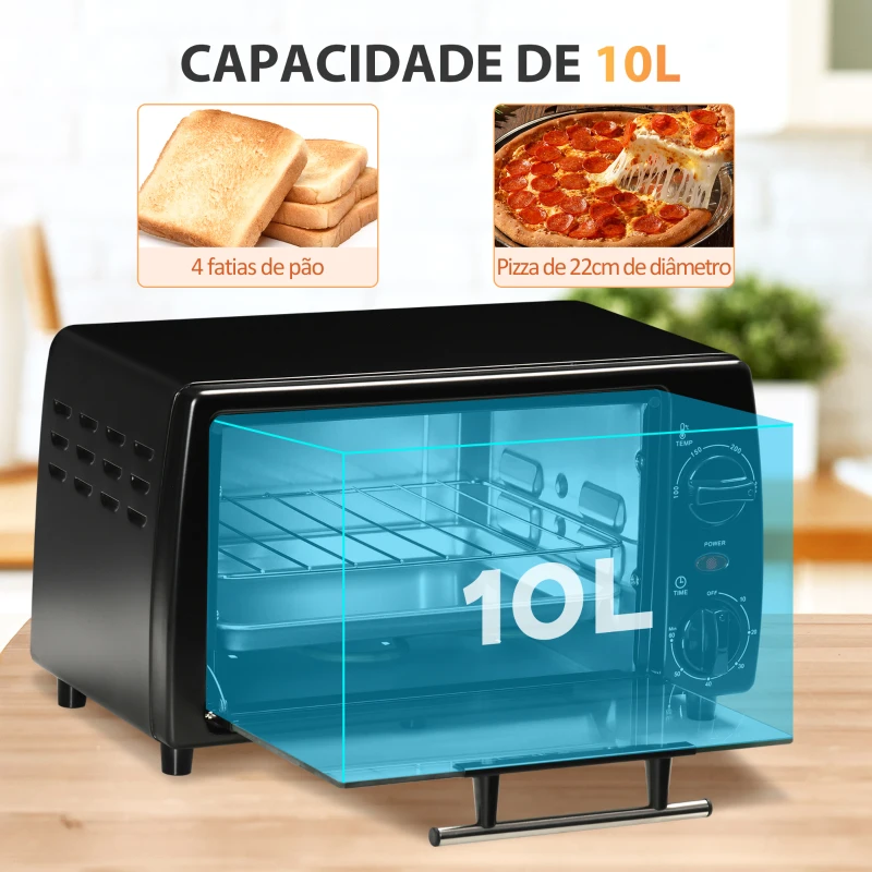 HOMCOM Mini Forno Elétrico 10 Litros 750W com Temperatura até 230°C Temporizador 60 Minutos Bandeja e Grade 36,5x26x22cm Preto