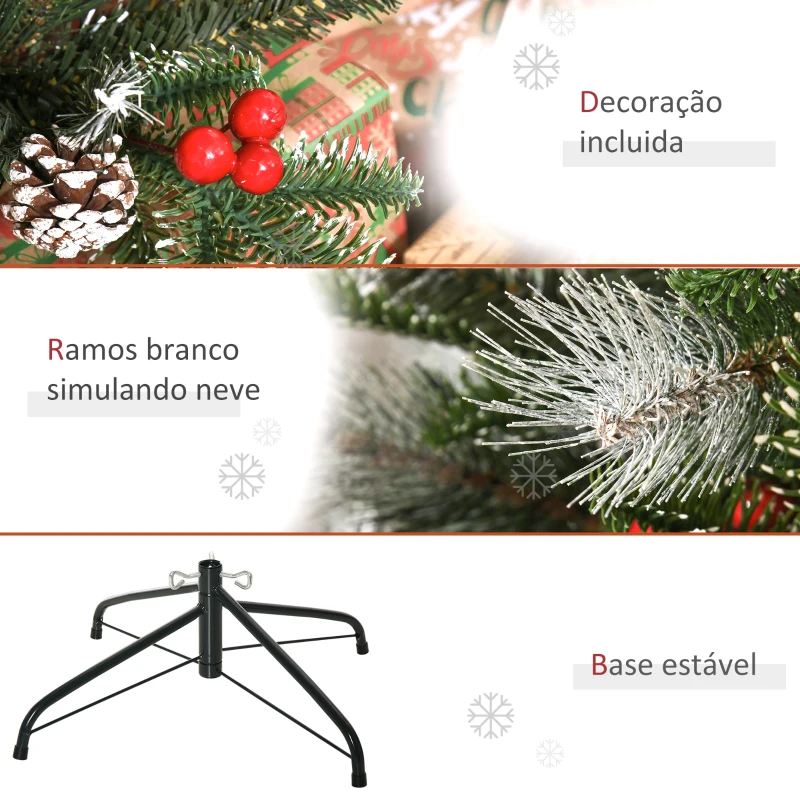 HOMCOM Árvore de Natal Artificial 120cm com 239 Ramas 27 Pinhas e 27 Frutinhas Folhas de PVC PE Base Dobrável e Suporte Metálico Decoração de Natal para Interiores Verde