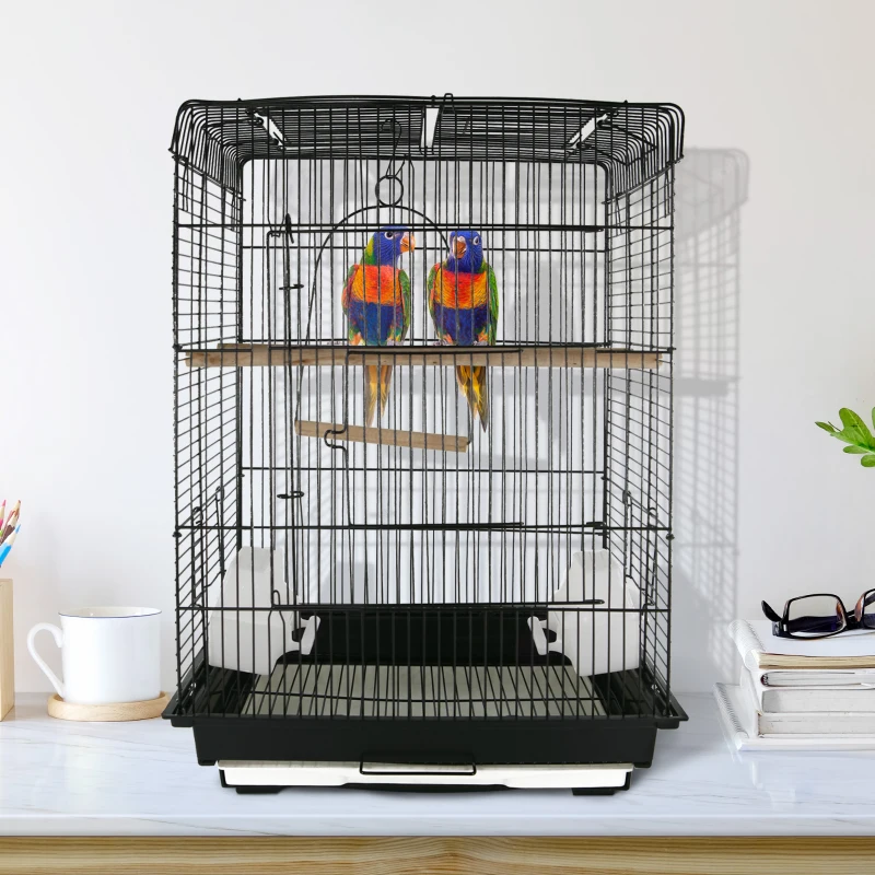 PawHut Gaiola para Pássaros Espaçosa Gaiola para Pássaros com Teto Abatível 2 Poleiros Baloiço e Comedouros para Interior Exterior 41,5x29,5x56,5cm Preto