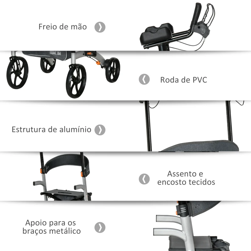 HOMCOM Andador para Idosos Dobrável de Alumínio com Altura Ajustável Assento 4 Rodas Freios Manuais Apoio para os Braços e Bolsa para Pessoas Maiores 73x64x106-136cm Cinza