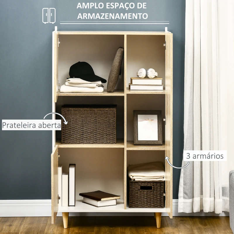 HOMCOM Armário de Sala de Estar com 3 Portas e 6 Compartimentos Móvel Auxiliar com Pés Elevados 81x43x135cm Carvalho e Branco
